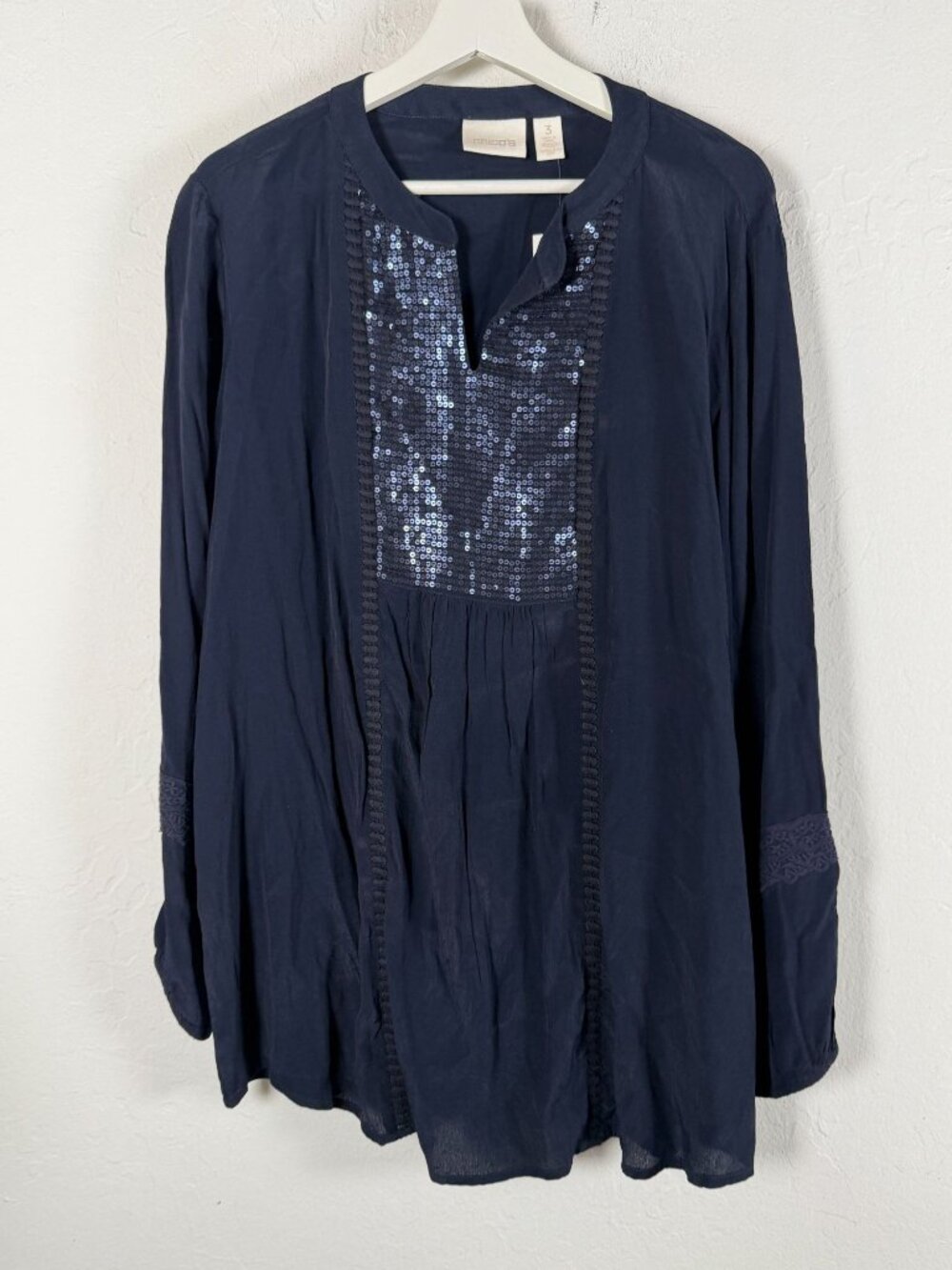 Chico's Womens Sequin Shine Tunic Long Sleeve Fashion Top Size 3 Navy Blue New